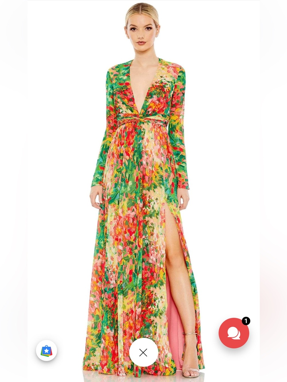 Mac Duggal Green Multi Floral Deep V Long-Sleeve Maxi Dress